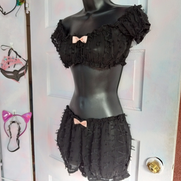 SOLD! Sheer DK off shoulder lingerie crop top & bloomers! Only tried on! - Picture 9 of 10